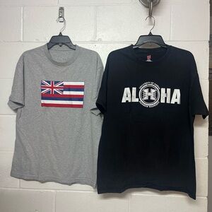 Hanes Black Aloha Graphic Tee and Gray Flag Graphic Tee